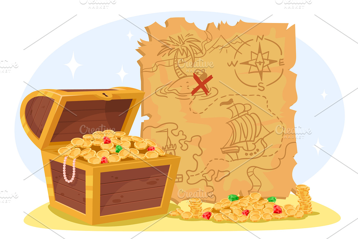 Chest with gold coins and gems, an Object Illustration by Vectorbuum