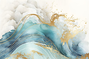 Watercolor Blue Gold Abstract Waves