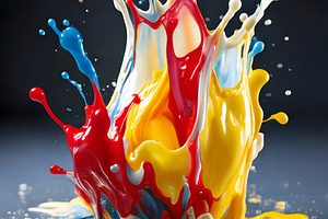 Colorful paint splashing in 3d over shiny milk surface, an Abstract Photo by GoodGoods