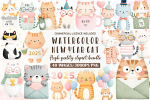 New Year Cat Clipart, Party Graphics, an Illustration by Sublimation Artist