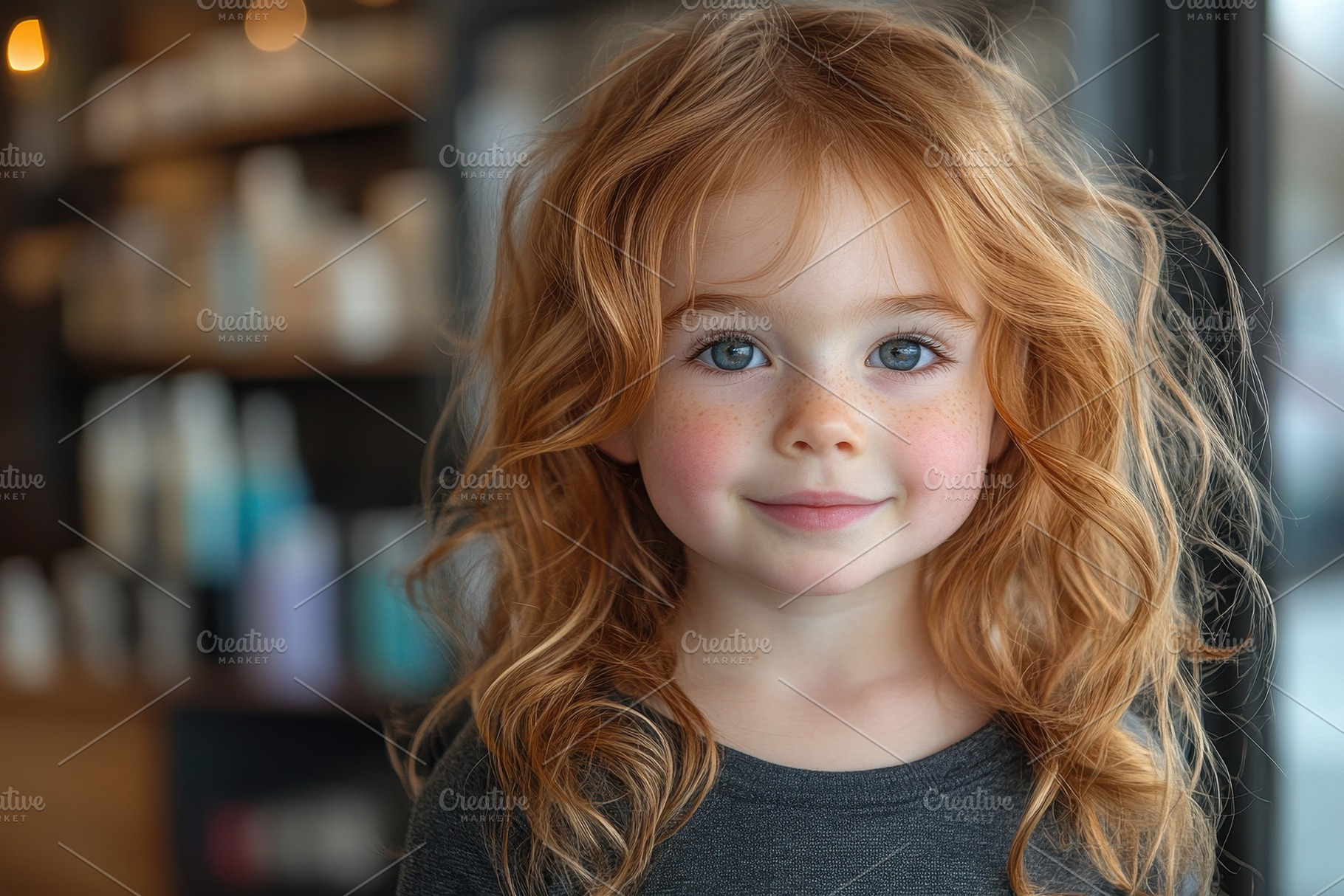 Smiling red-haired girl with curly h, a Photo by Tanuart
