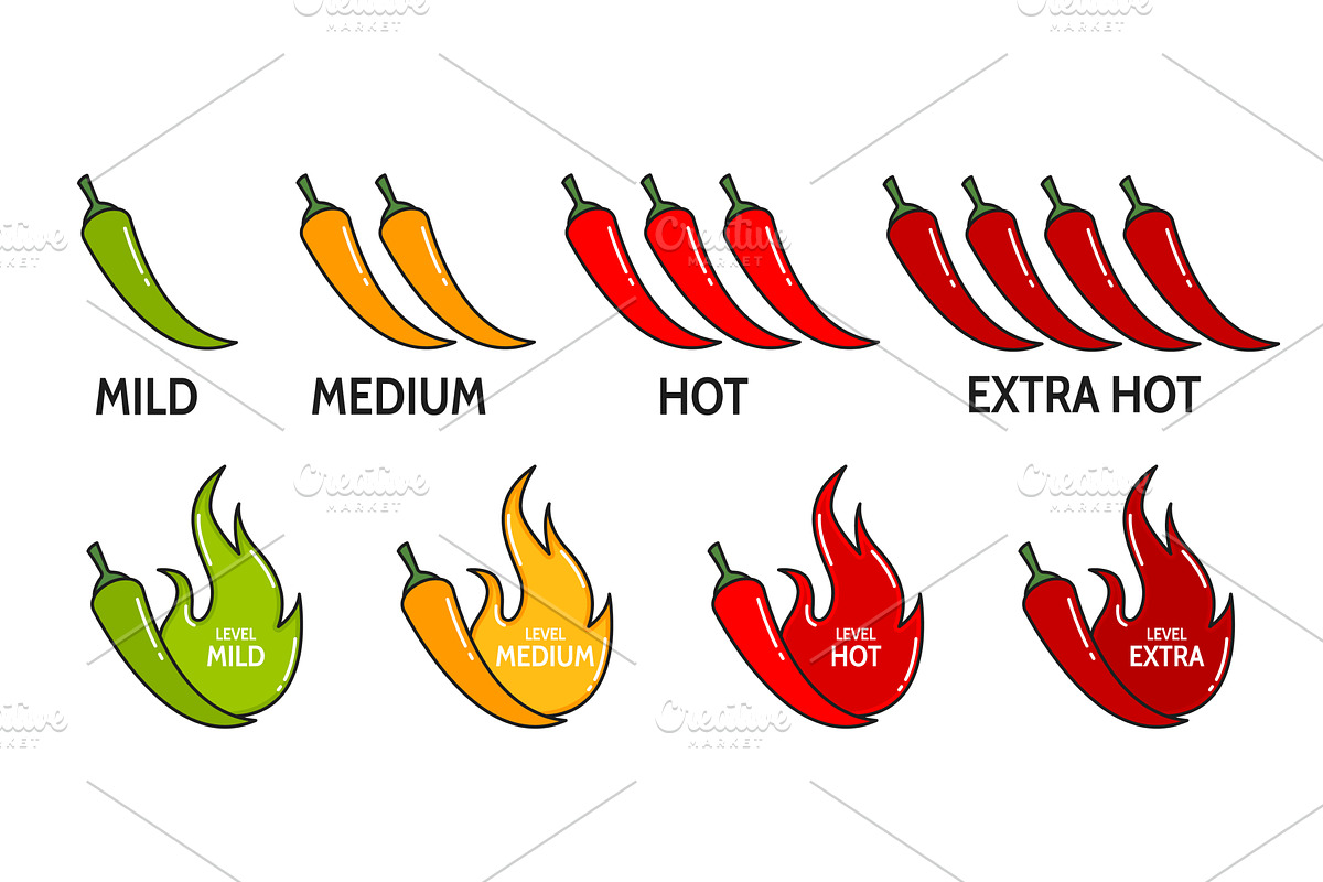 Spicy level labels with hot peppers, a Food Illustration by Vector Tradition