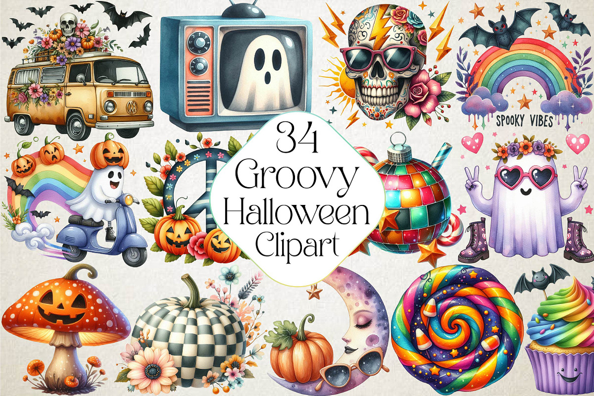 Groovy Halloween Clipart, an Illustration by DreamPrint404 (Photo 1 of 5)