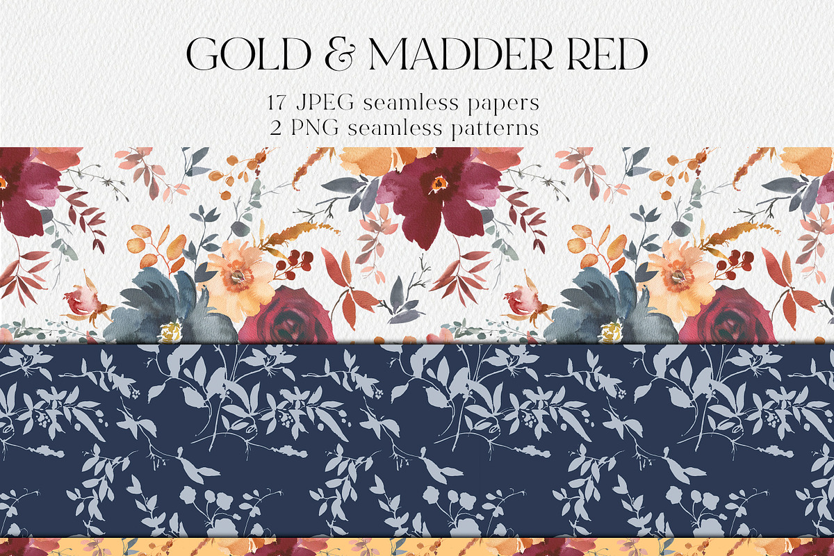 Gold & Madder Red Watercolor Flowers, an Illustration by whiteheartdesign (Photo 8 of 9)