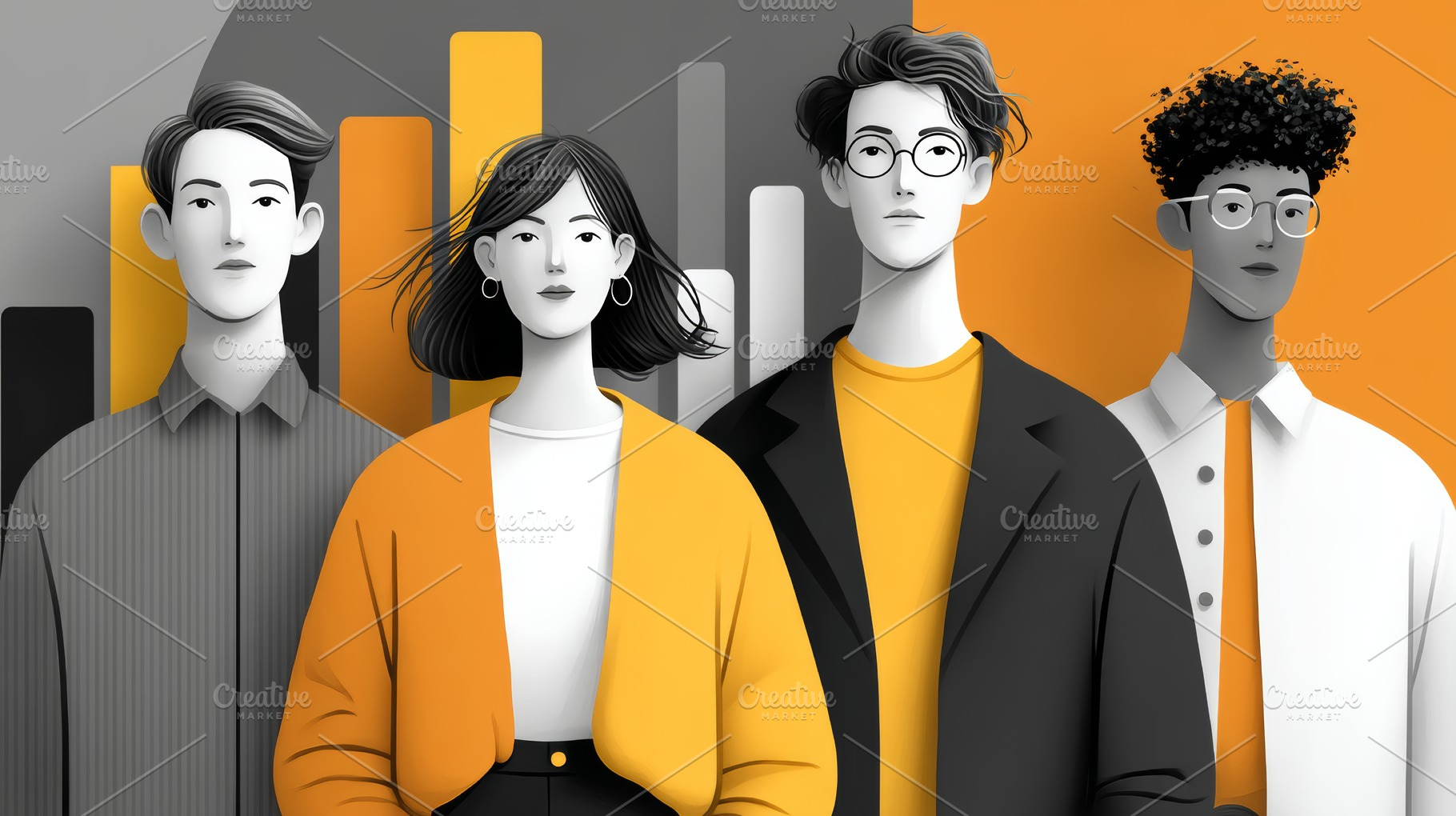 Young professional team portrait with infographic bars in modern flat style rep, a Photo by AS photostudio