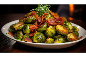plate brussels sprouts with bacon ai, a Background Photo by pikepicture