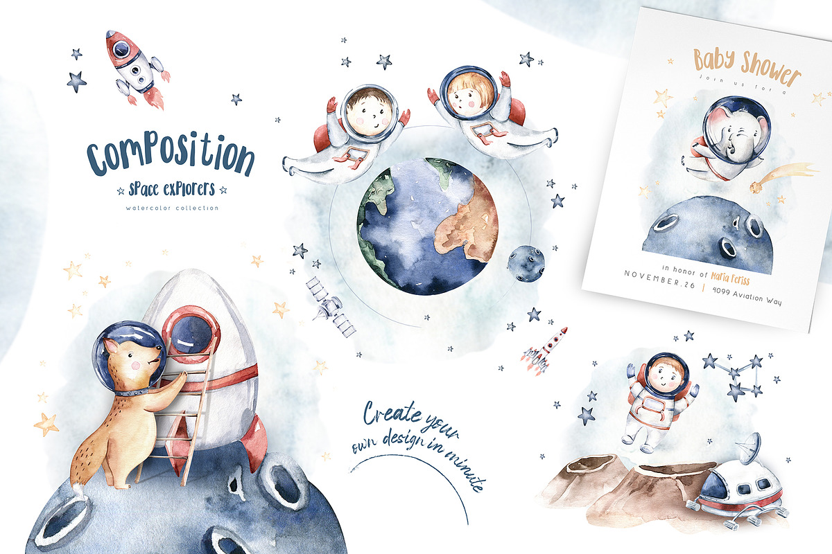 Watercolor space explorers. Kids set, an Animal Illustration by Peace ART (Photo 13 of 19)