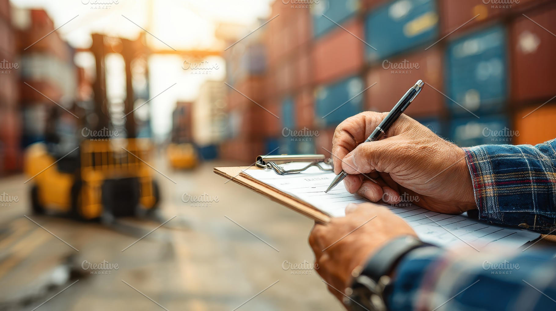 Worker writing on clipboard at shipp, a Photo by Pixeness Studio