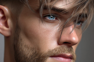 Portrait of a young man with striking blue eyes and stylish hair in a neutral b, a Person Photo by AlyaAnd