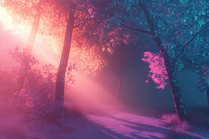 Enchanting pink and teal forest path, a Photo by Pixeness Studio