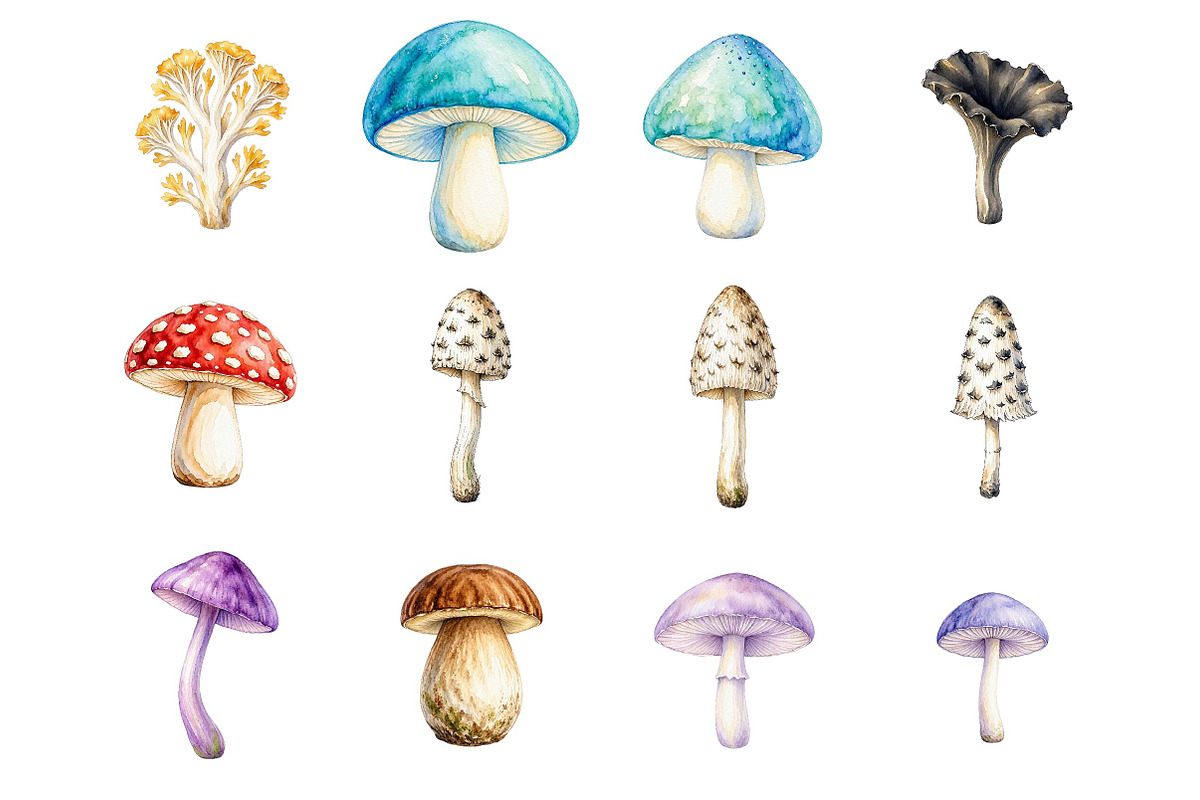 Watercolor Mushrooms clipart, an Object Illustration by fashionaddict (Photo 3 of 7)