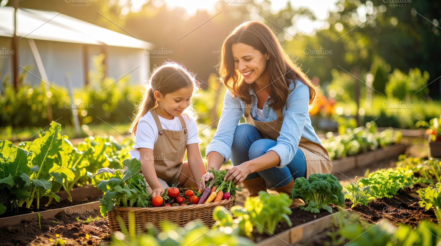 Mother and Daughter Harvesting Vegetables in Garden, a Food & Drink Photo by Davizro's Market