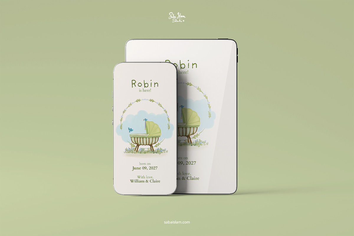 Whimsical Green Birth Announcement, a Card Template by SabaIslam.Studio (Photo 3 of 7)