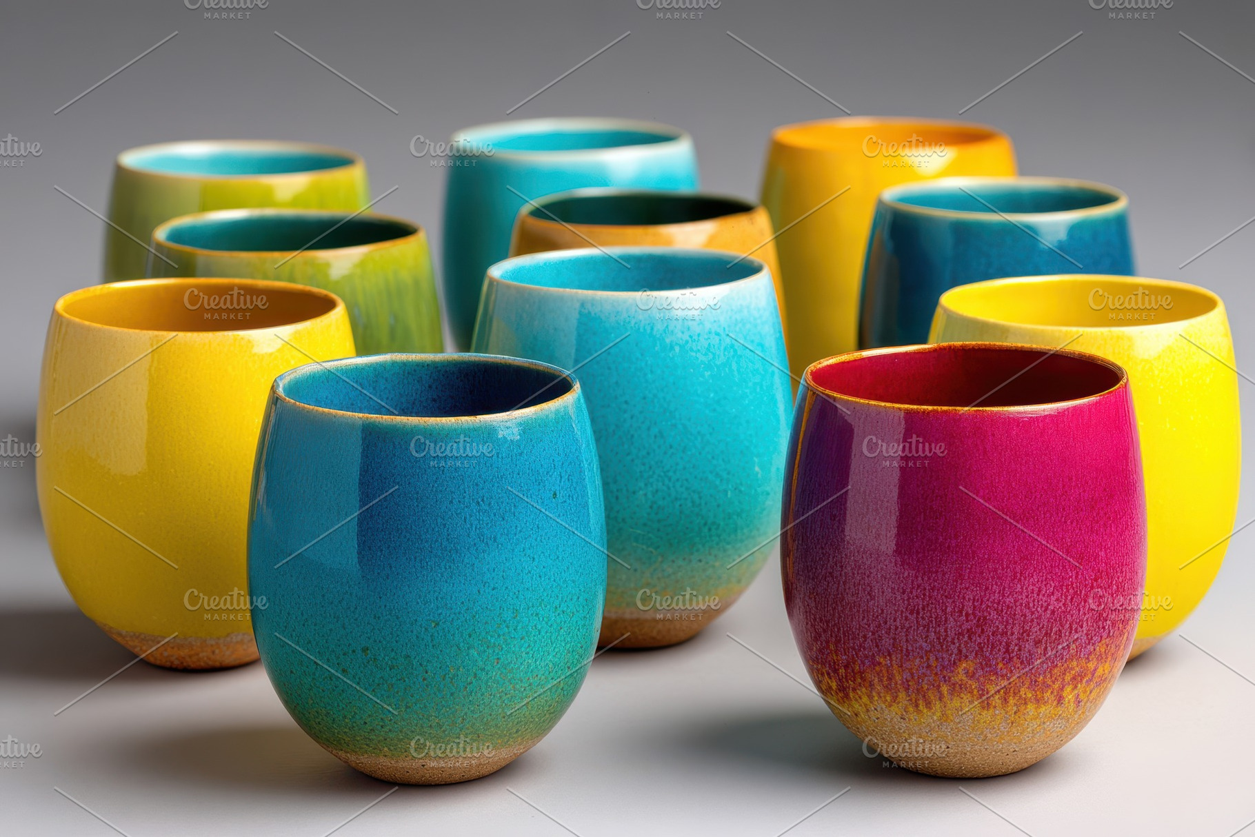 Colorful ceramic cups on neutral background, an Arts & Entertainment Photo by AlyaAnd