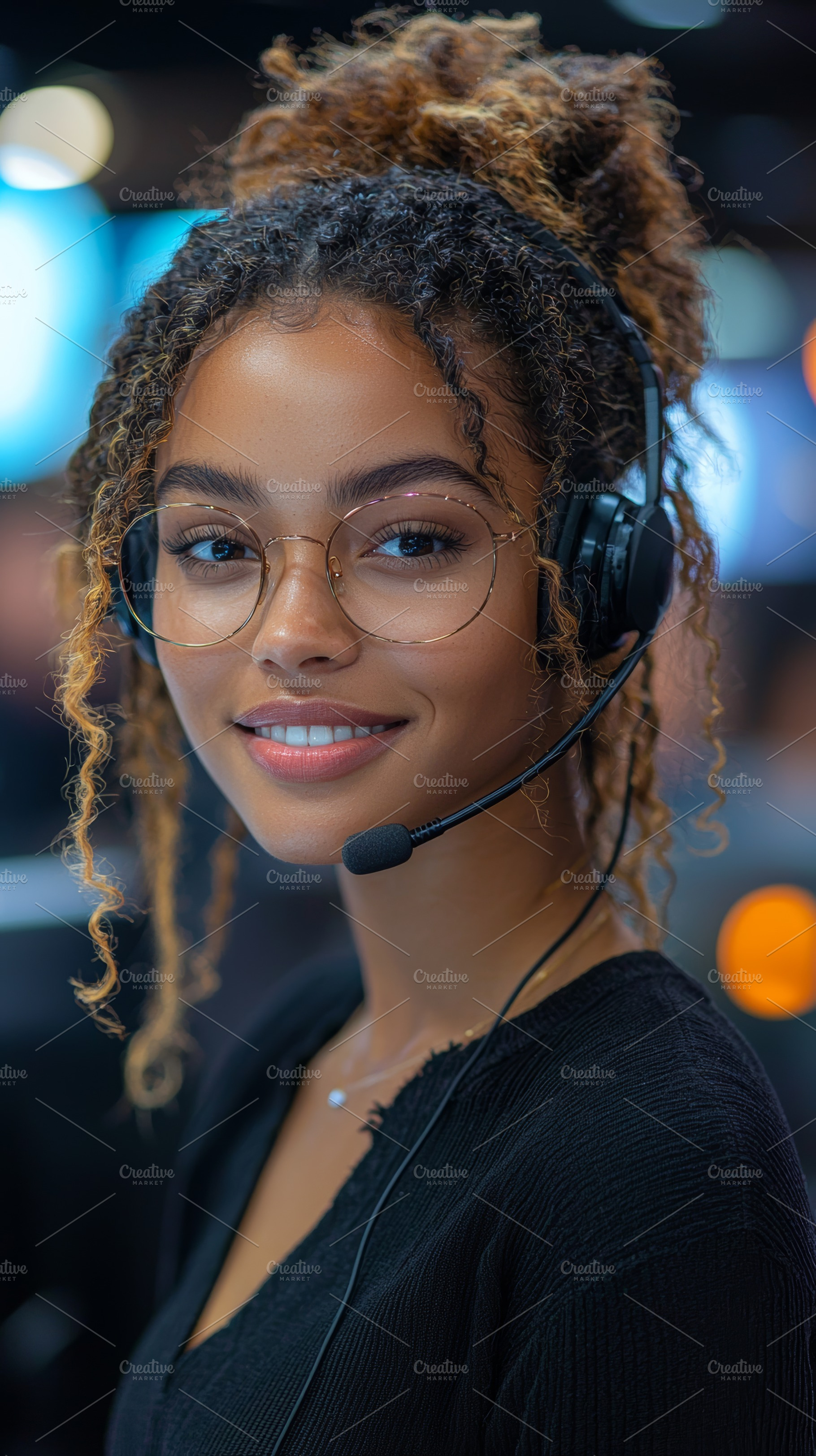 Smiling female customer service representative with headset in professional set, a Photo by AS photostudio