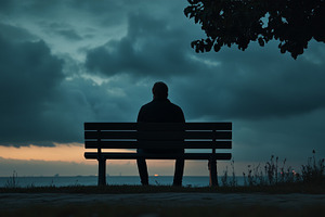 Man sits alone on a bench facing the, a Person Photo by MistyDay