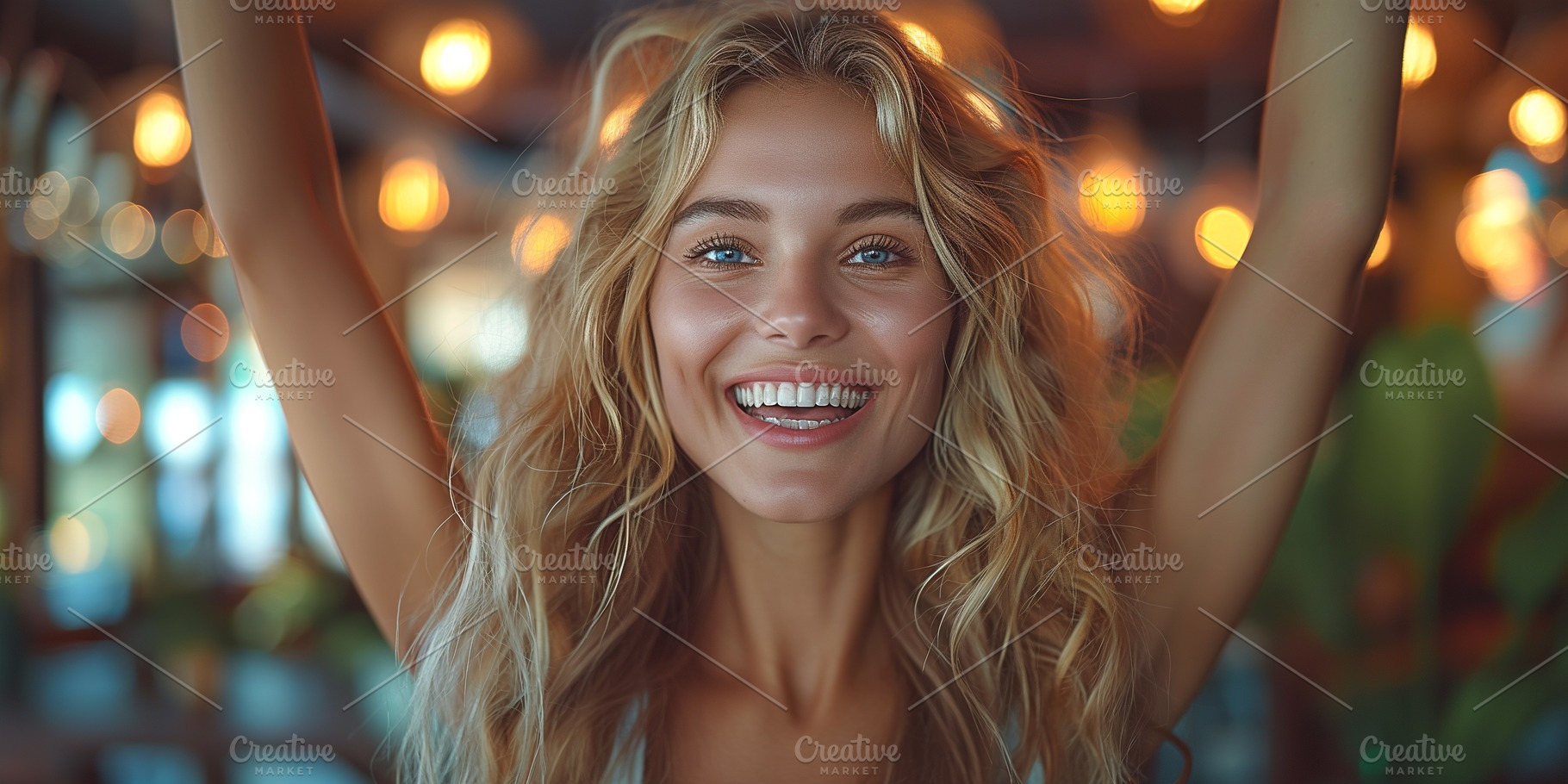 A joyful young Caucasian woman with flowing blonde hair smiles brightly, embrac, a Business Photo by ImageMir