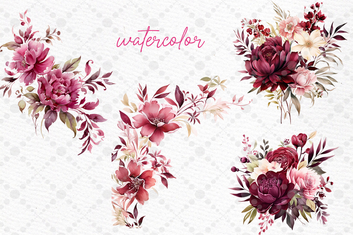 Burgundy Flowers Clipart Watercolor, a Decorative Illustration by LeCoqDesign (Photo 2 of 5)