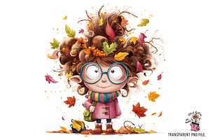 Funny Girl Fall Leaves Autumn PNG