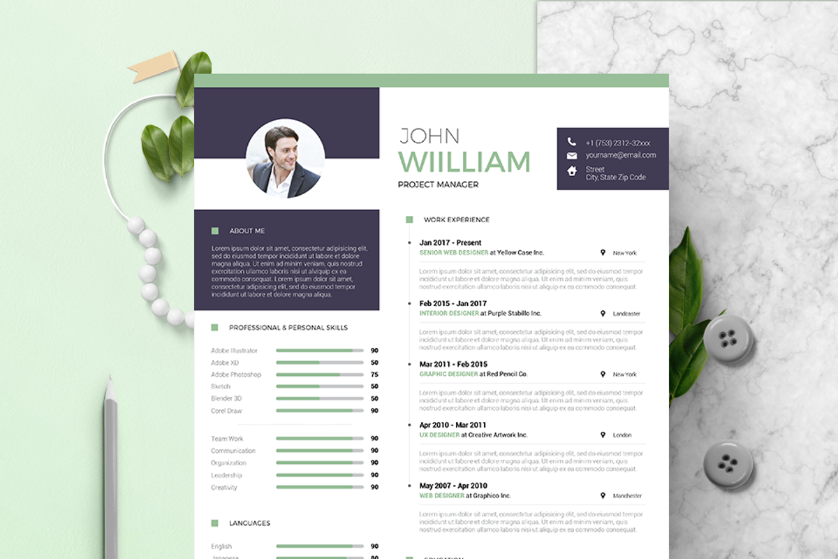 Modern Resume & CV Template, a Resume Template by Hito Graphic (Photo 2 of 8)