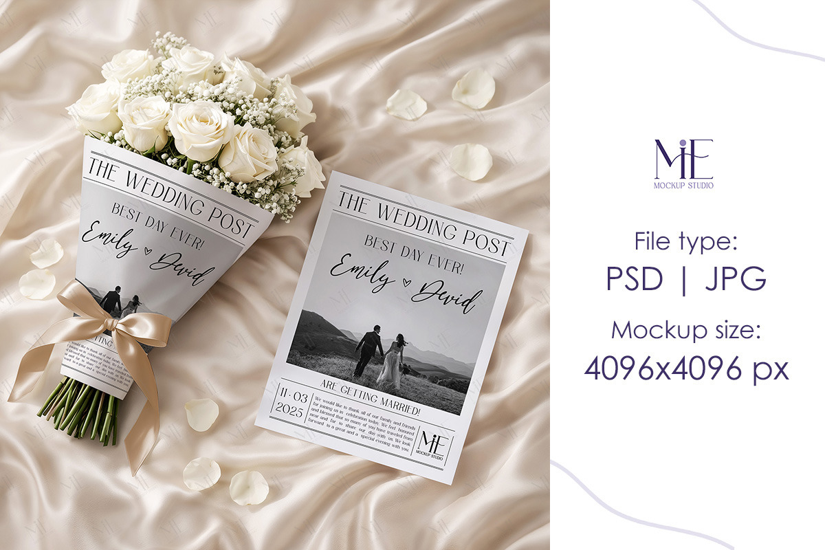 Wedding Newspaper Mockup with Bouque, a Mockup by Mie Mockup Studio (Photo 8 of 8)