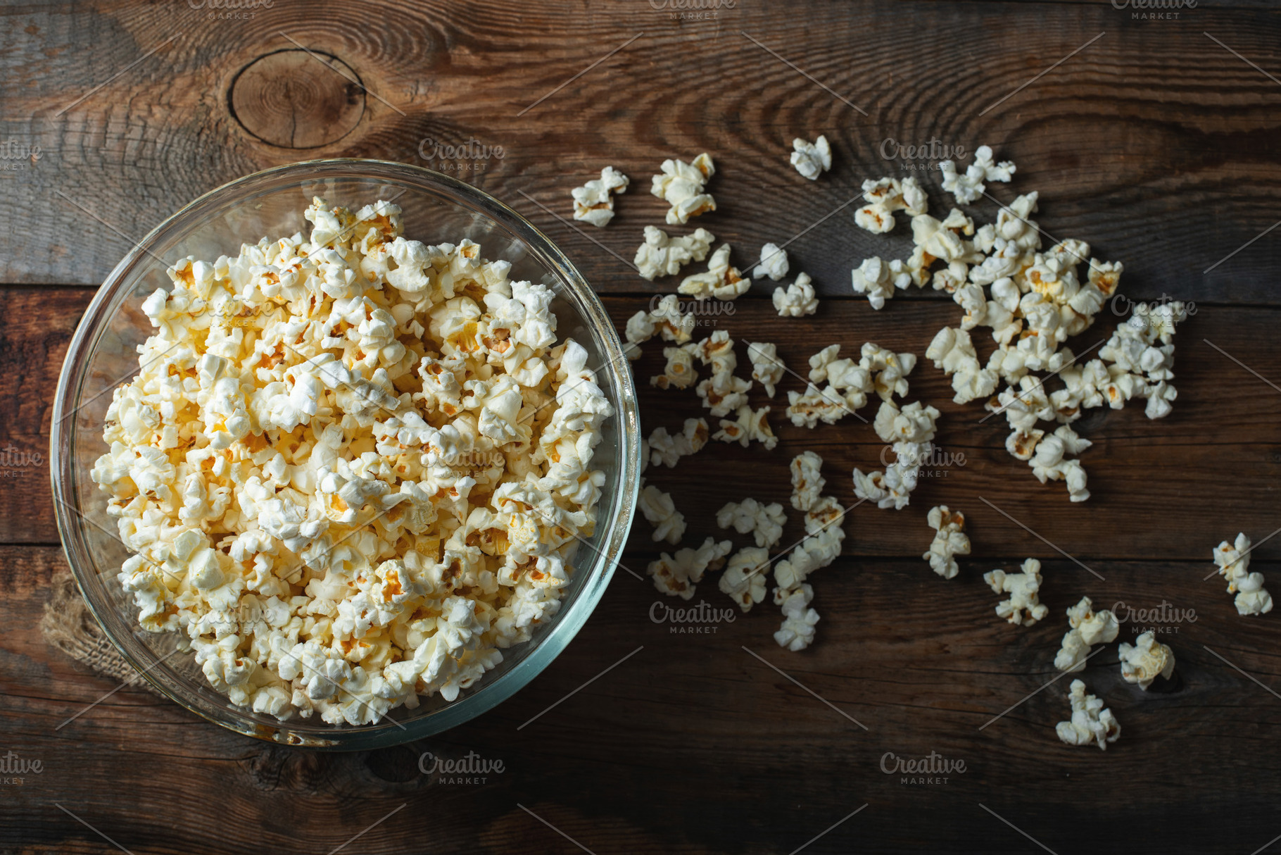 Pop corn on wood color background.Food and snack concepts ideas.Minimal style t, a Food & Drink Photo by Budarinphoto