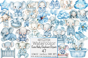 Watercolor Cute Baby Elephant Clipar, a Seasonal Illustration by Design Market