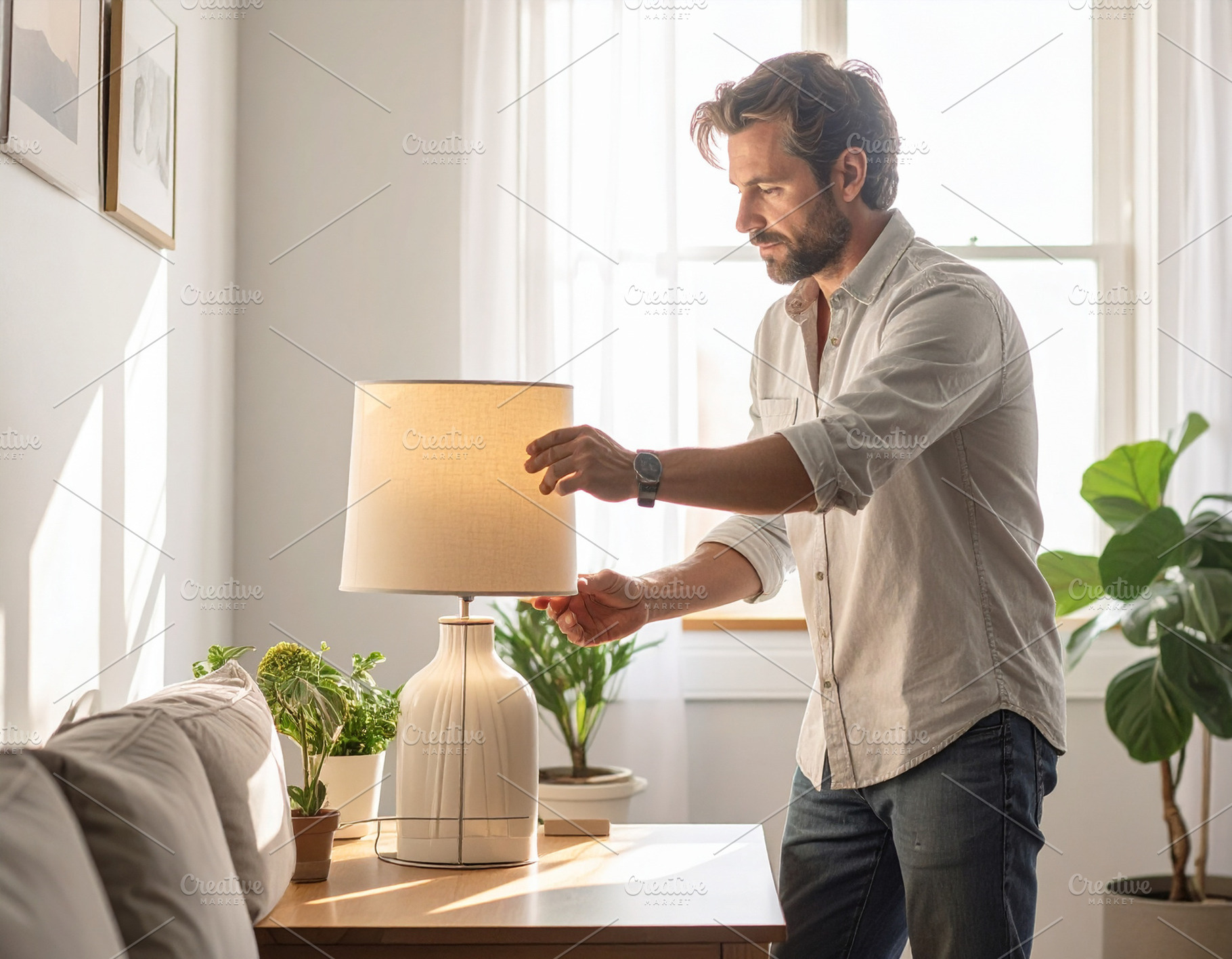 Home decorator arranging lamp in a lived in living room, a Person Photo by DanFLCreativo