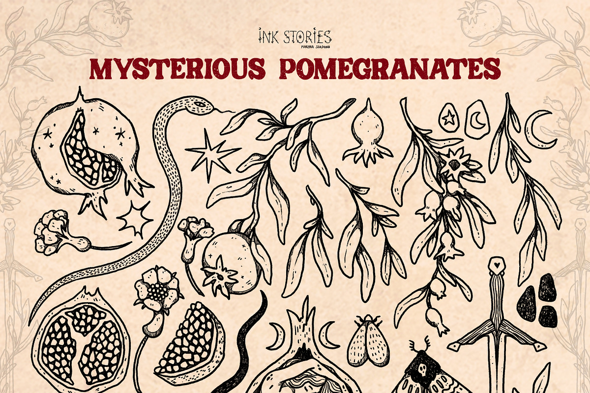 Mysterious Pomegranates Vintage Set, a Decorative Illustration by Ink Stories (Photo 3 of 13)