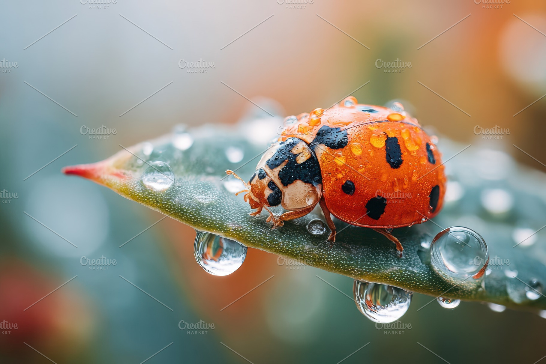 Close-up of a ladybug on a leaf with water droplets, an Animal Photo by AlyaAnd