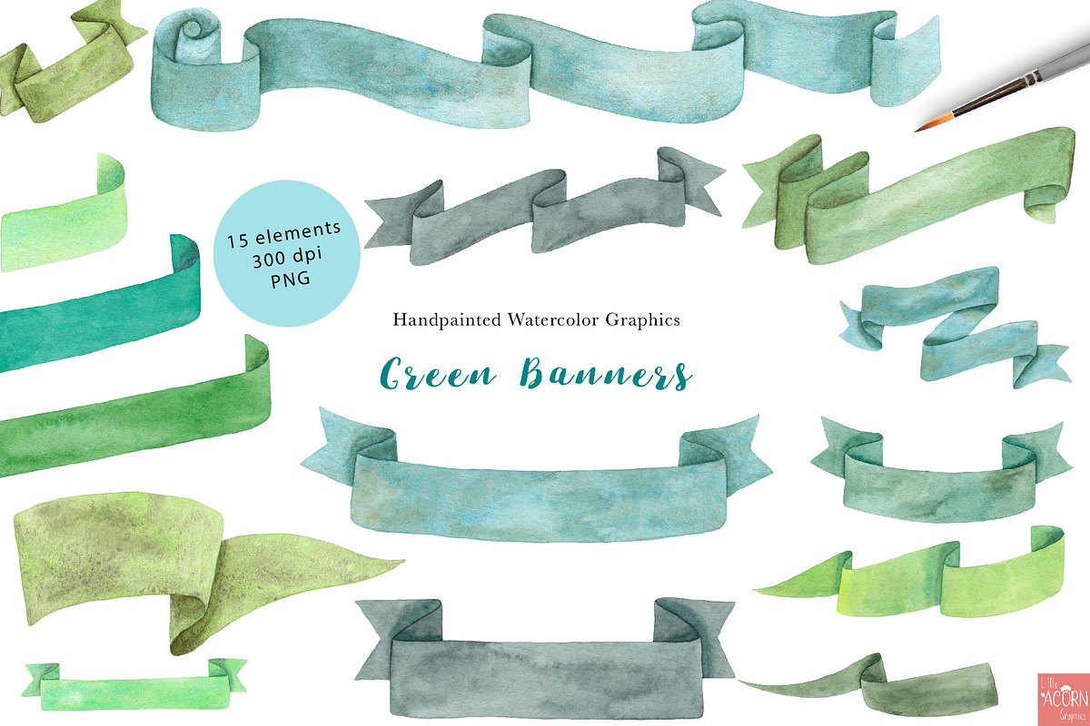 Green Watercolor Banners, an Illustration by LittleAcornGraphics (Photo 1 of 4)