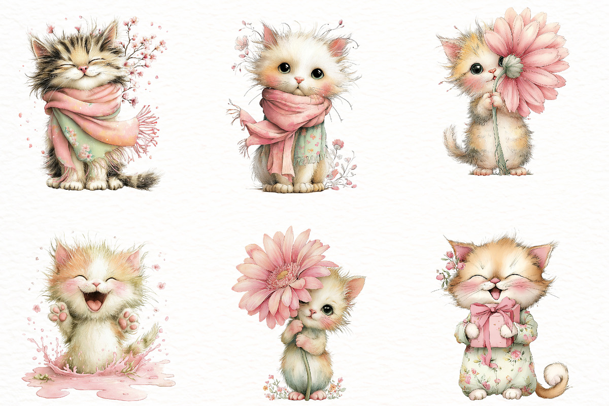 Whimsical Funny Spring Cat Clipart, an Illustration by Designworld (Photo 3 of 8)