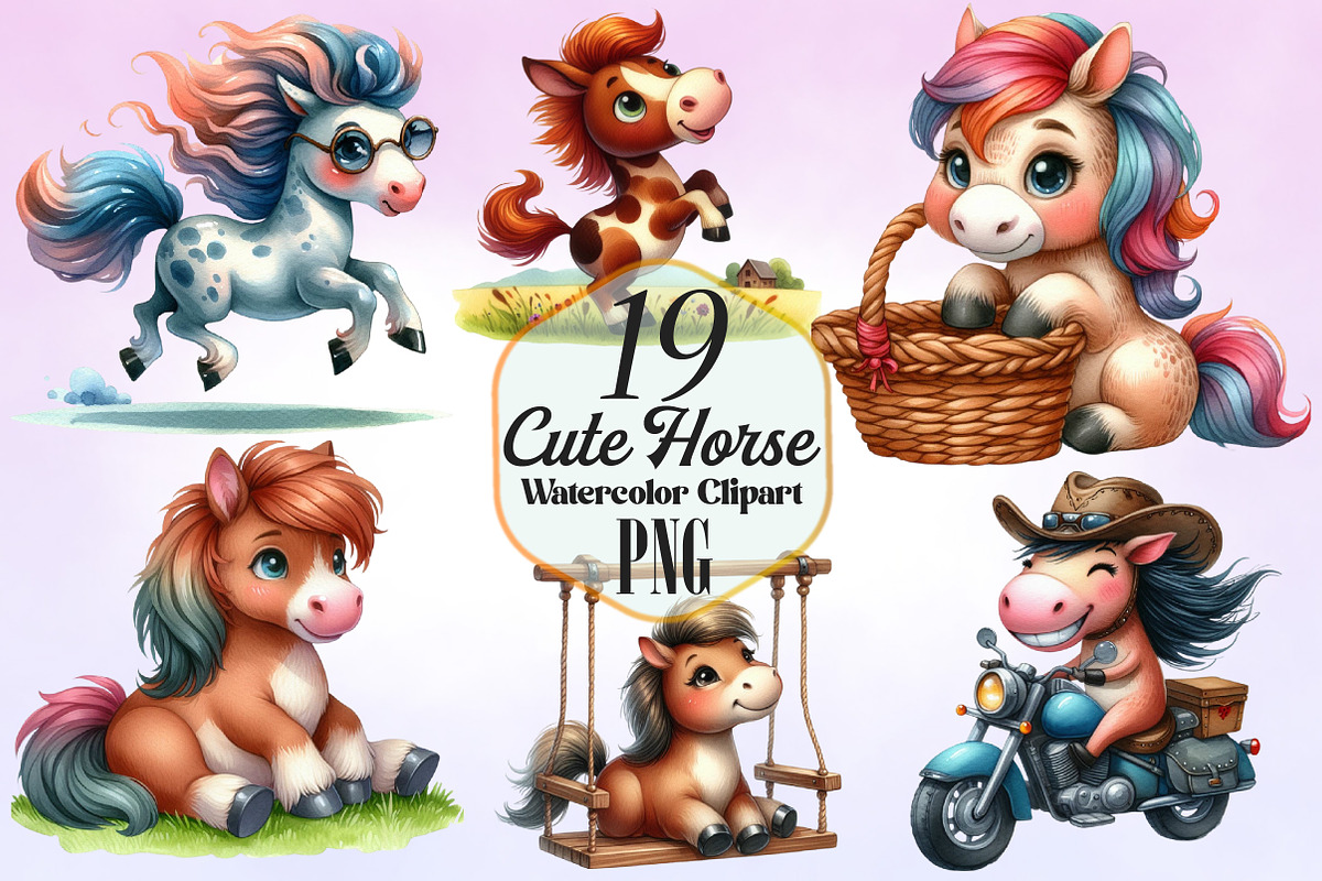 Watercolor Cute Horse Clipart Bundle, an Animal Illustration by Craft Nest (Photo 1 of 3)