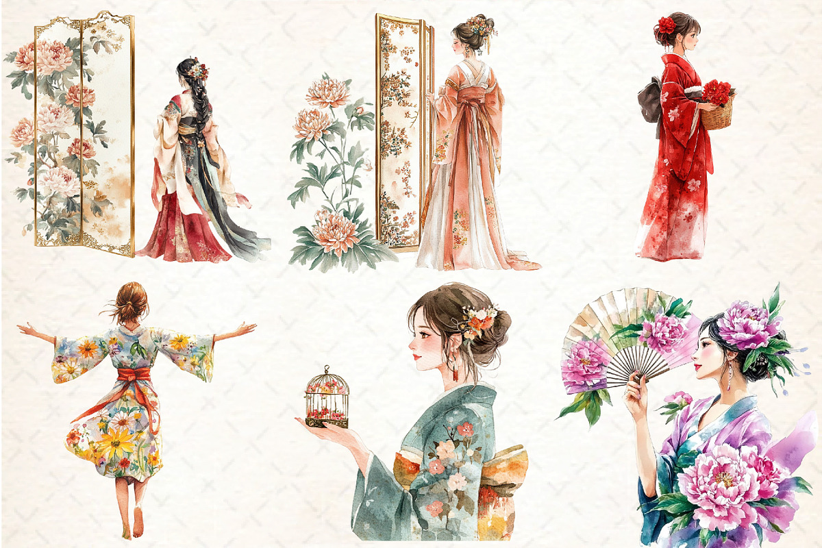 Watercolor Japanese Flower Maiden Cl, an Illustration by DreamCafeArt (Photo 2 of 7)