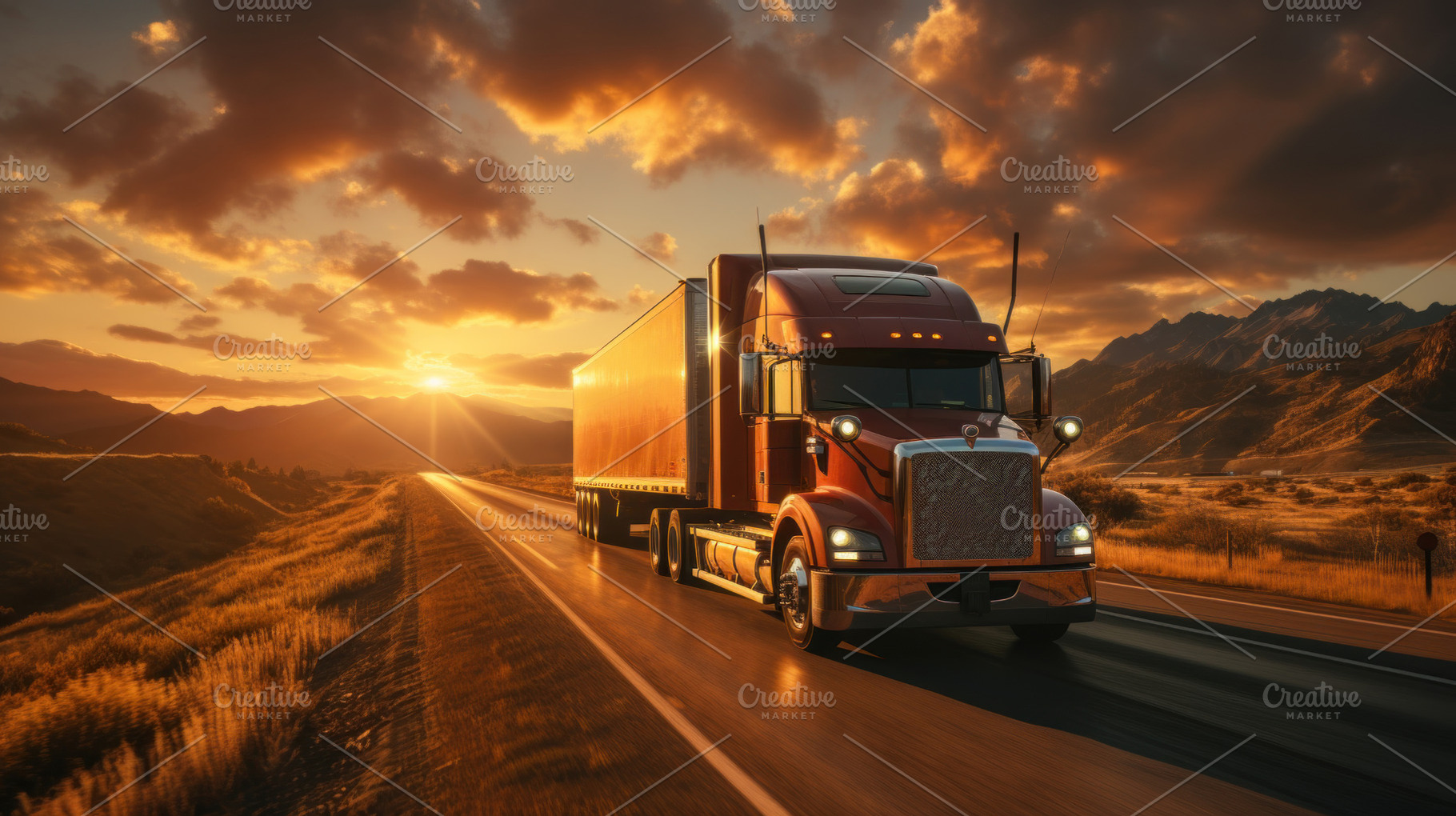 Big american truck on the highway with beautiful sunset in the b, a Transportation Photo by AS photostudio