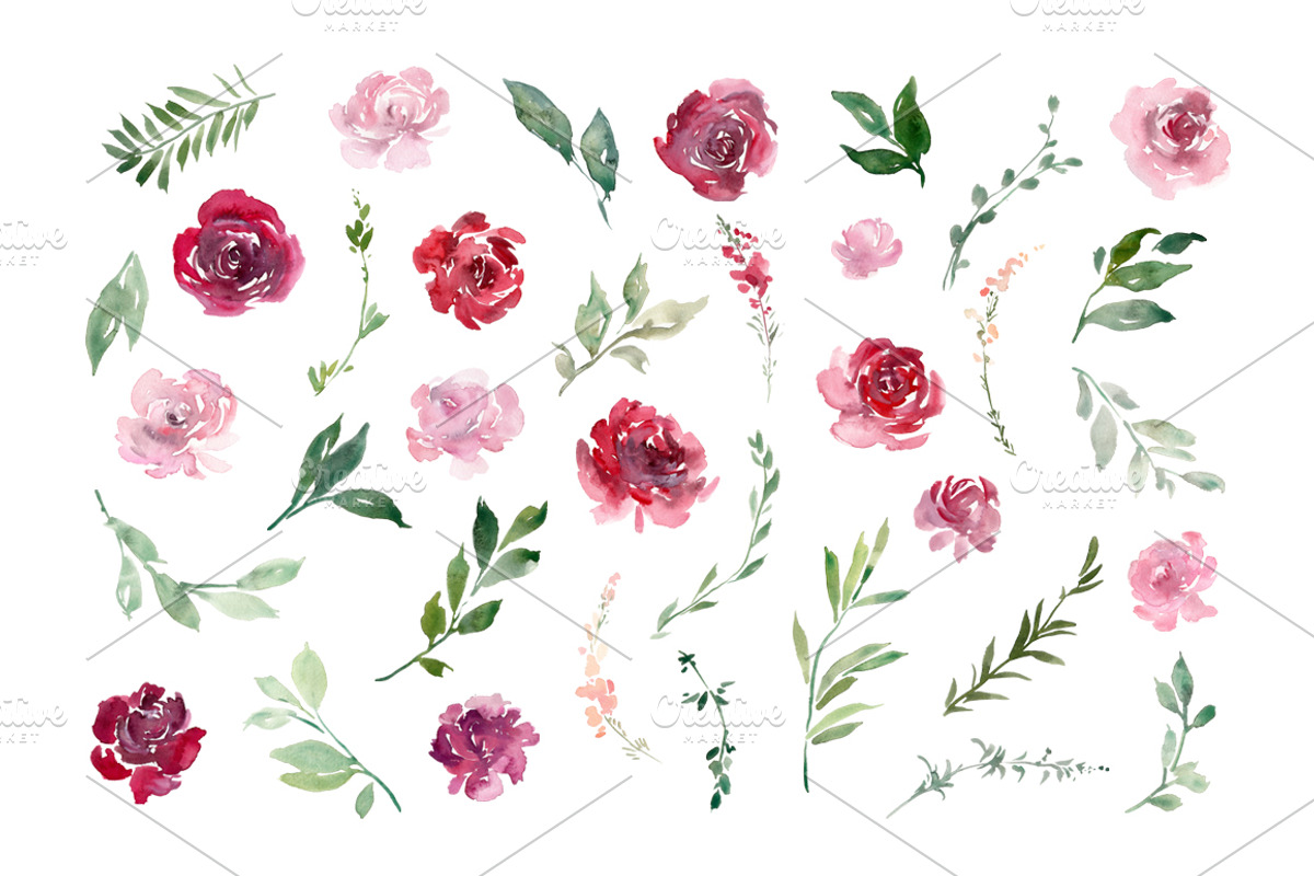 Watercolor Red Blush Pink Flowers, an Illustration by GraphicsDish (Photo 2 of 6)