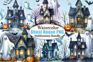 Watercolor Halloween Ghost House PNG