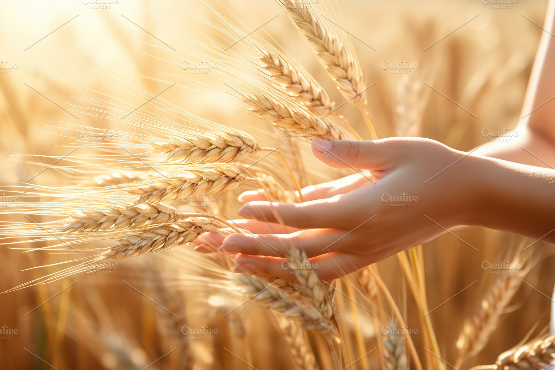 Female hand touching wheat ears in the field, a Nature Photo by AlyaAnd
