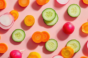 Colorful Sliced Vegetables on Pink Background, a Food & Drink Photo by AlyaAnd