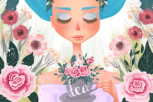 Floral Tea Girl Illustration