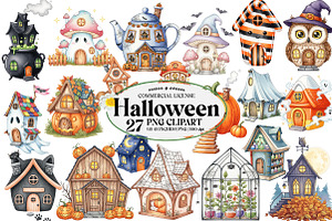 Cute Halloween Cottage Clipart, an Illustration by Watercolor design