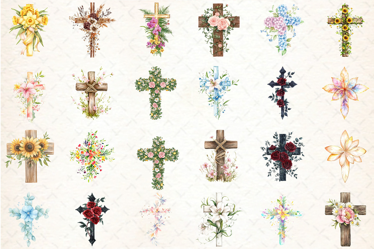 Watercolor Floral Cross Clipart PNG, an Illustration by DreamCafeArt (Photo 3 of 3)