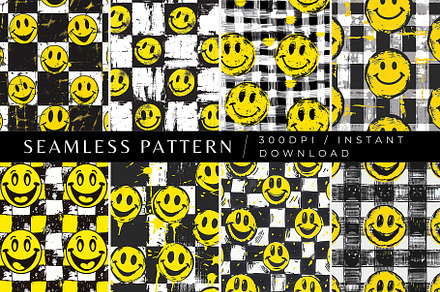 8 Grunge Smiley Seamless Patterns, a Pattern Graphic by Inknfolly