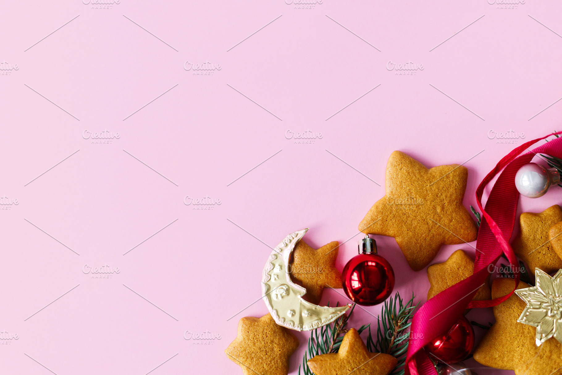 Christmas background with star gingerbread cookies, crescent moo, a Photo by Sonjachni