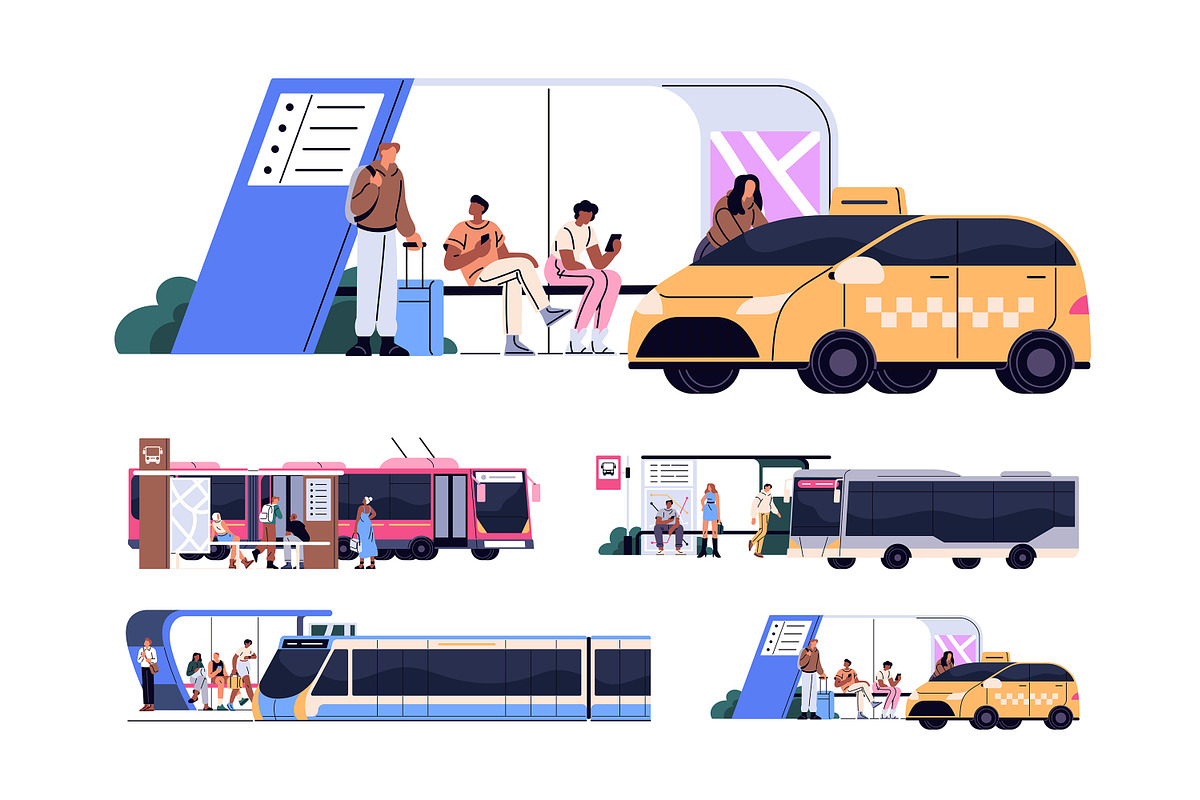 Urban public transport, bus stop set, a Transportation Illustration by PaperTrident (Photo 1 of 7)