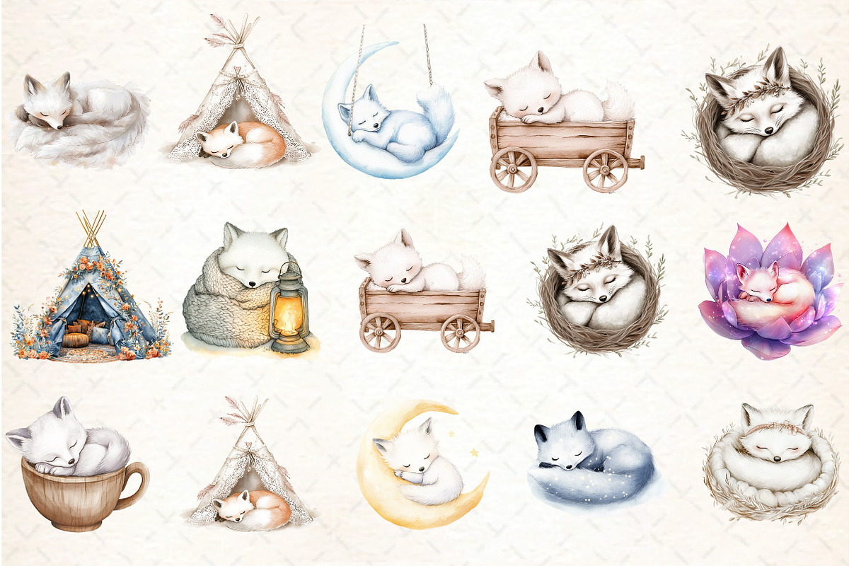 Cute Dreaming Arctic Fox Boho Clipar, an Illustration by DreamCafeArt (Photo 2 of 4)