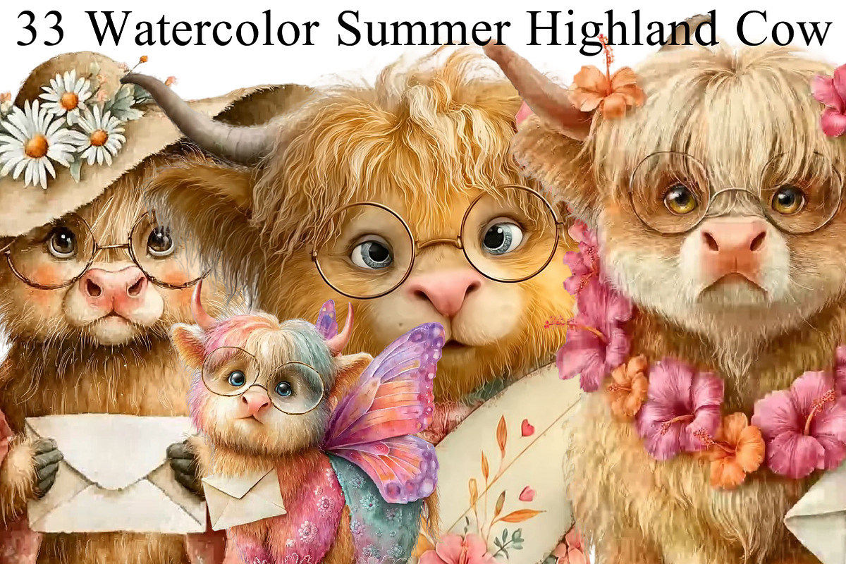 Watercolor Summer Highland Cow Clipa, an Illustration by DreamArtGraphic (Photo 1 of 8)