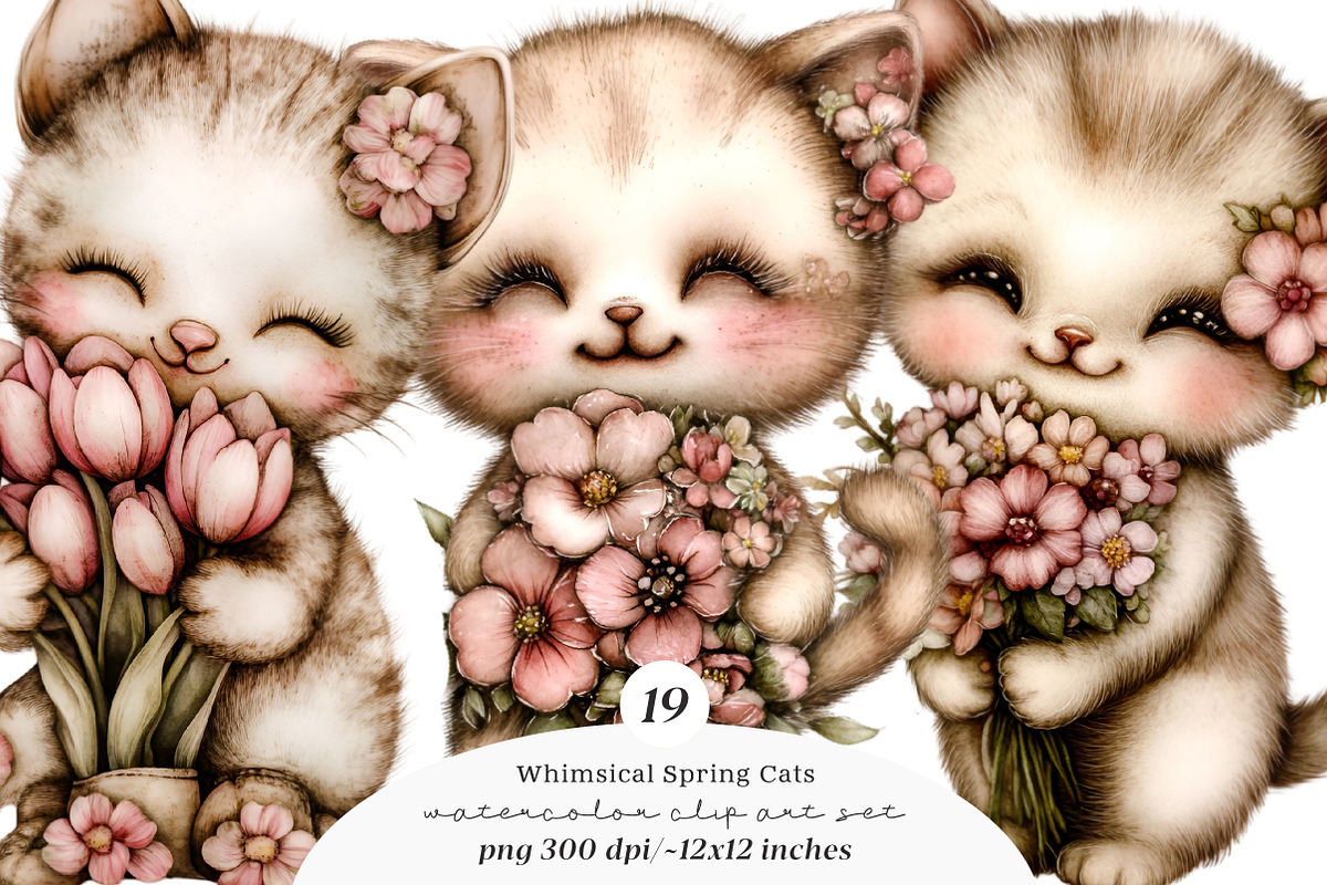 Whimsical Spring Cats Clipart, an Illustration by SinaCreation (Photo 1 of 11)