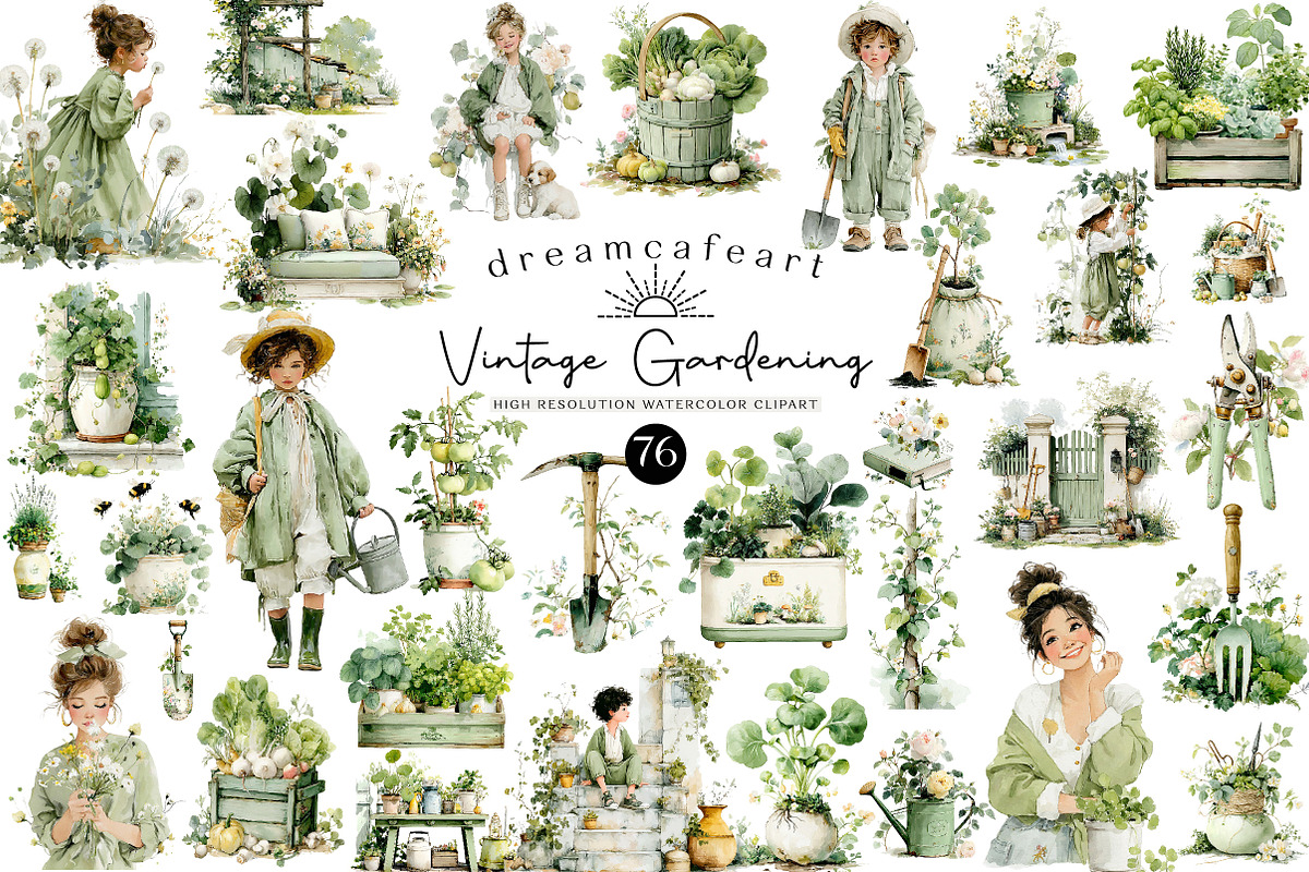 Watercolor Vintage Gardening Clipart, an Illustration by DreamCafeArt (Photo 1 of 6)