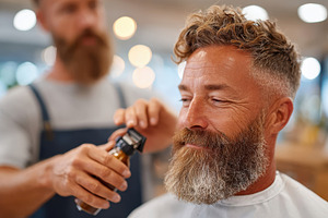 Barber giving a haircut to a smiling man, a Person Photo by AlyaAnd